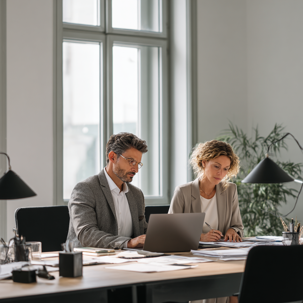 A professional man and woman sitting at a desk reviewing financial reports
