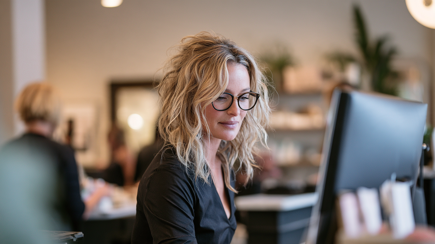 Business owner at a computer reviewing financial records in a salon setting.