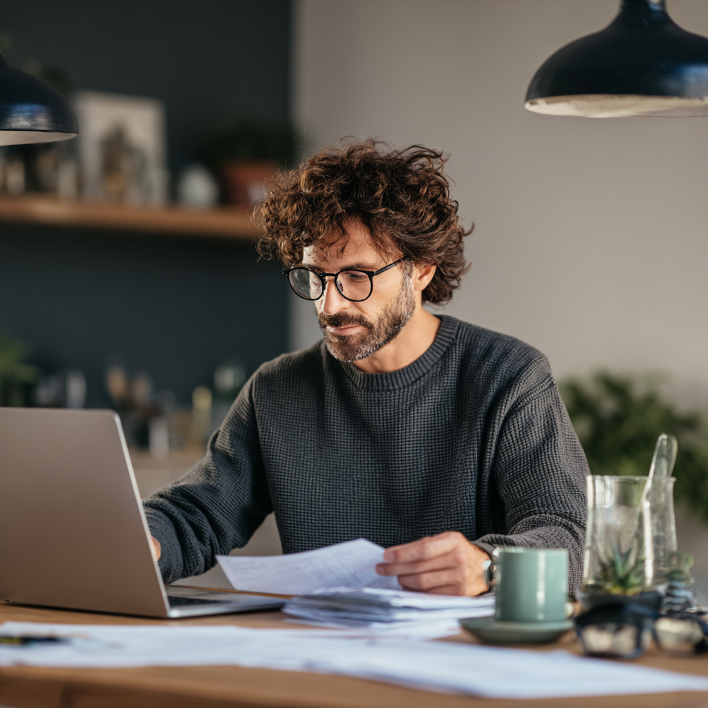 Consulting firm owner reviewing contractor invoices, payment records and project costs.