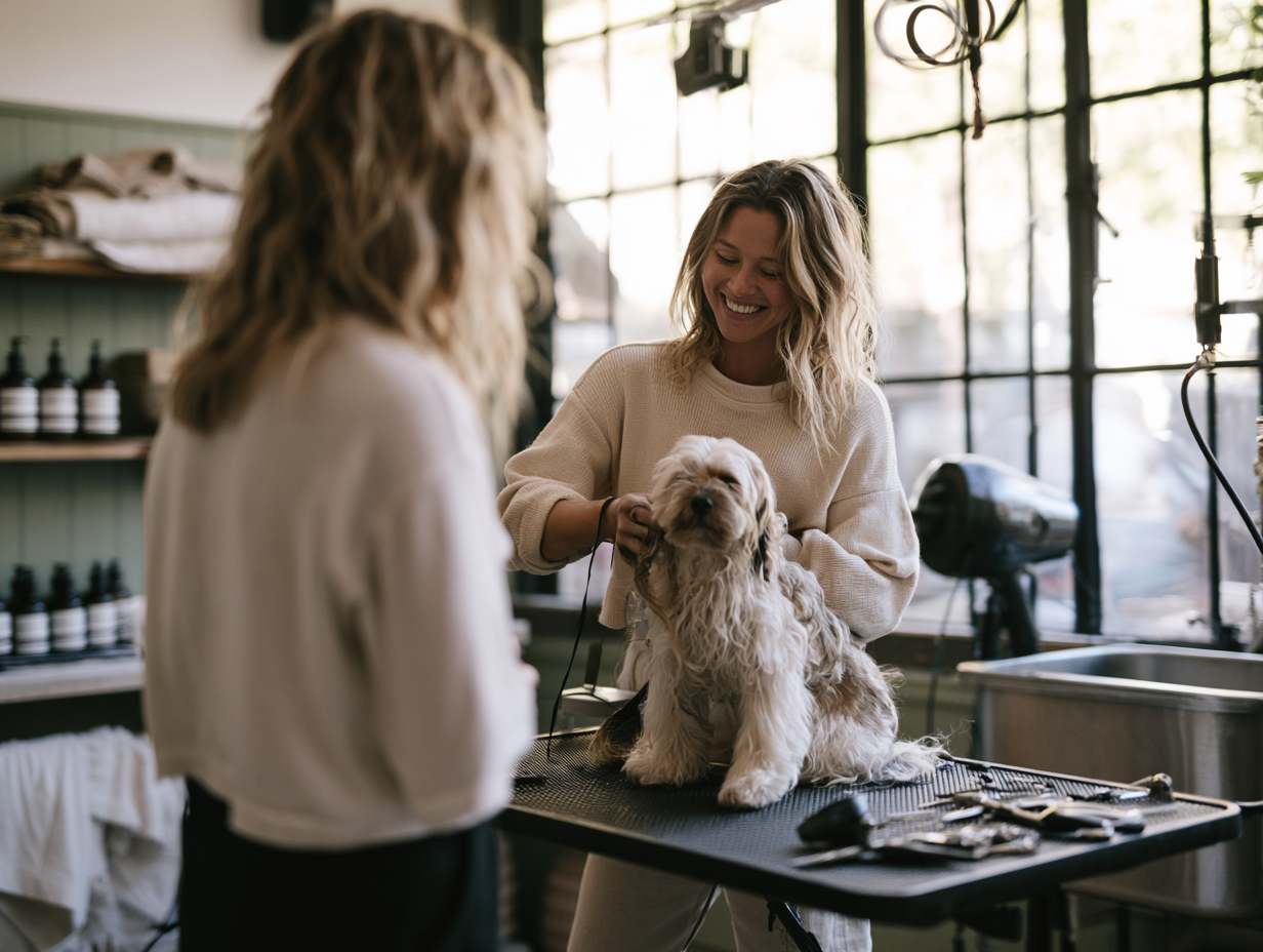 Professional dog groomer trimming a dog at a grooming studio