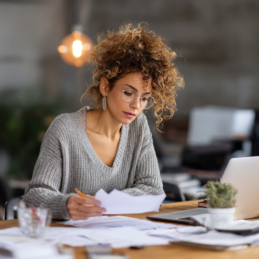 Small business owner reviewing financial records and project information at her desk.
