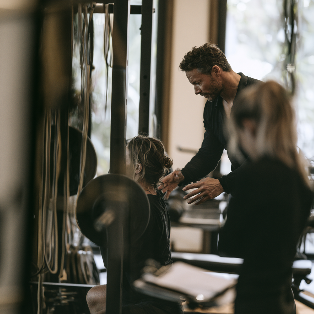 Personal trainer coaching a client in a private studio