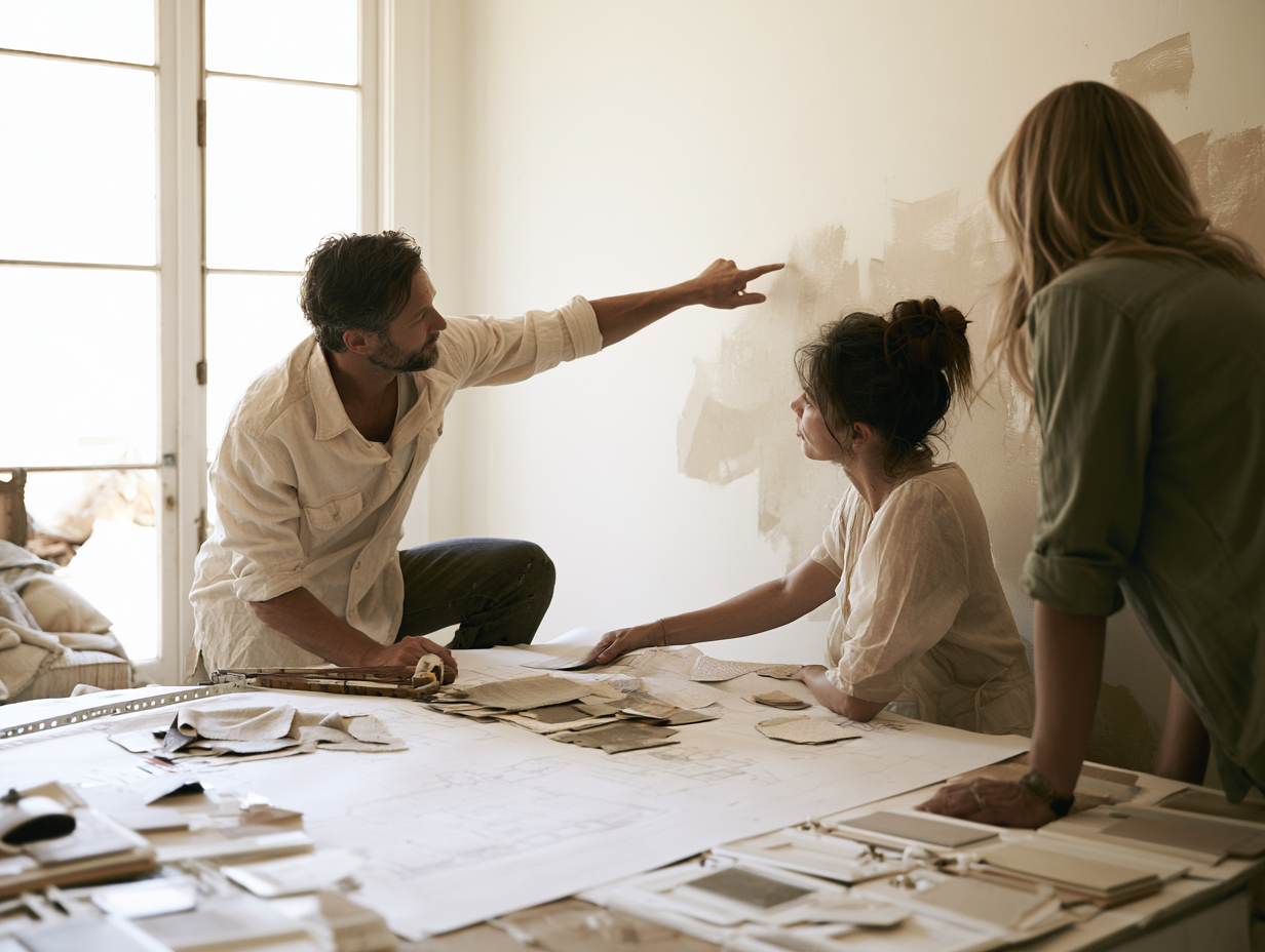 Interior designer meeting with clients over design samples
