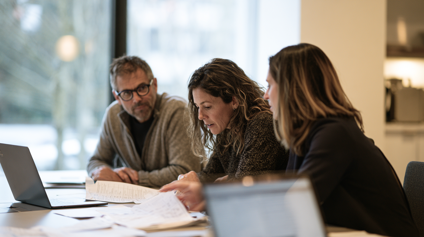 Husband-and-wife business owners reviewing financial records with a bookkeeping professional during a QuickBooks cleanup meeting.