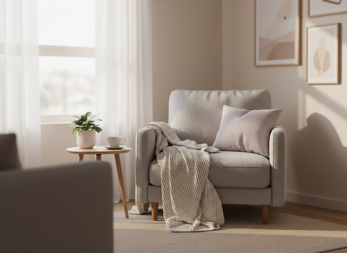 Warm, welcoming therapy room with natural light and comfortable seating — Selphie ADHD coaching and counselling in Yorkshire