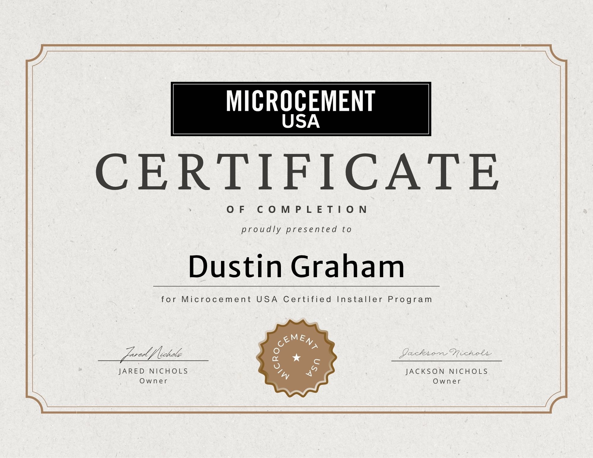 Dustin Graham — Microcement USA Certified Installer Certificate
