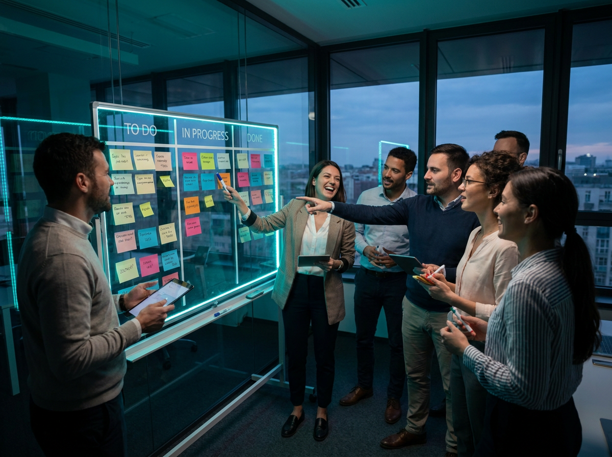 Business team collaborating around an agile kanban board during sprint planning — organized, energized, and focused on delivery
