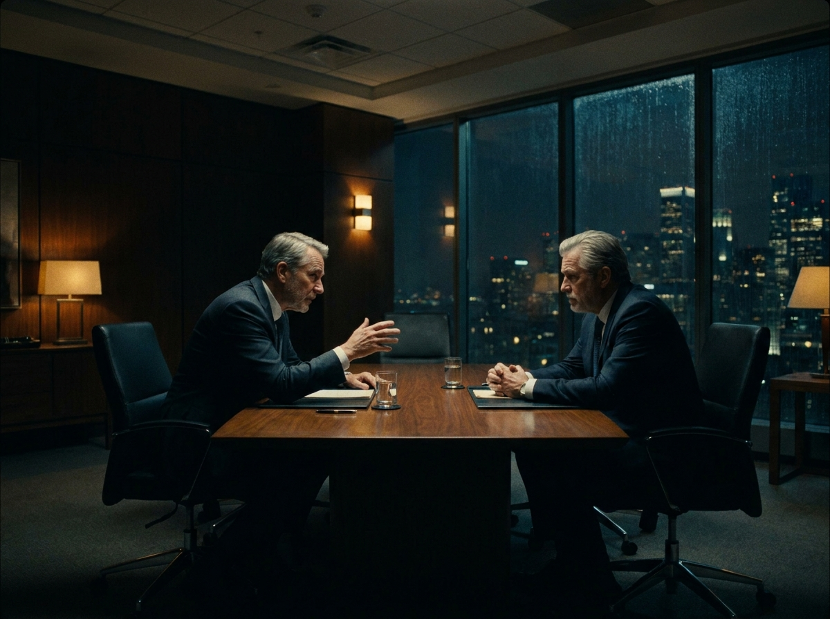 Two senior executives in a high-stakes boardroom negotiation — cinematic dark atmosphere conveying authority and confidence