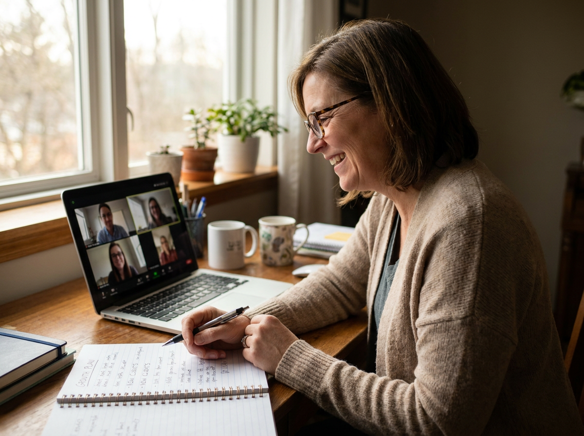 Small business owner on a remote video consultation call with Accuvae consultant