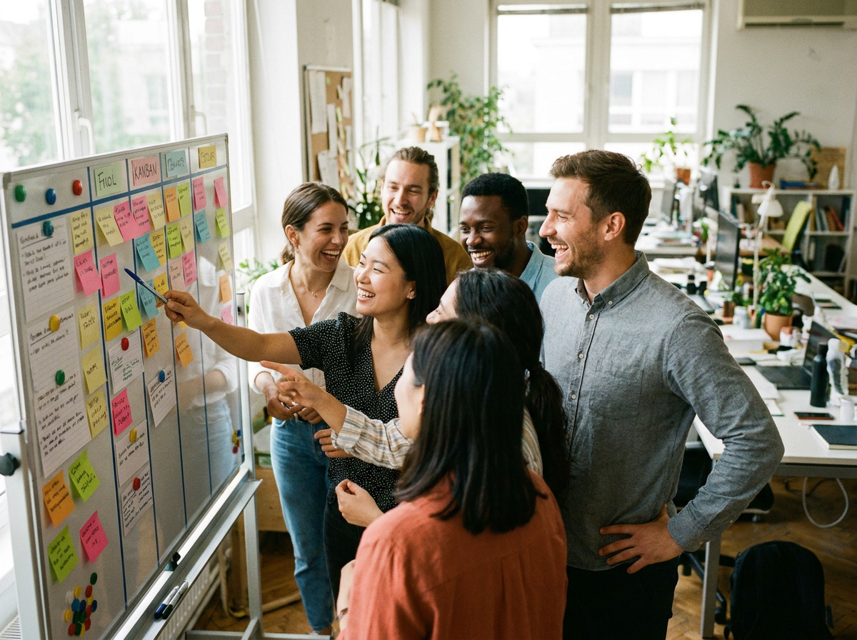 Small business team gathered around an Agile kanban board during a stand-up meeting