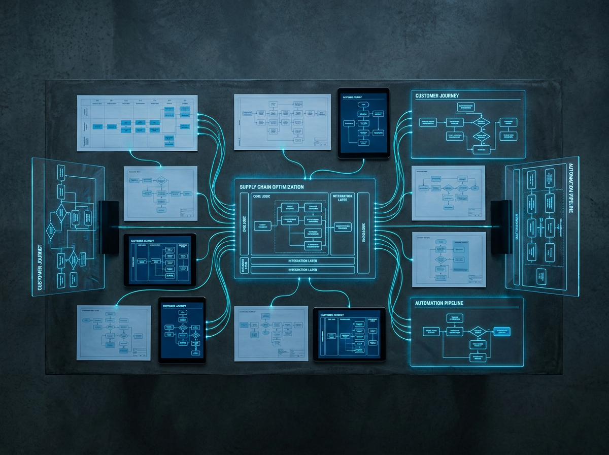 Overhead view of business process workflow diagrams and system architecture blueprints on a dark workspace