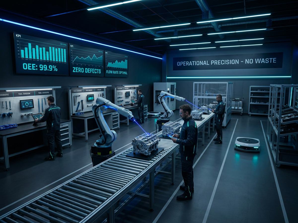 Precision operations environment with quality control dashboards and perfectly coordinated workflow stations