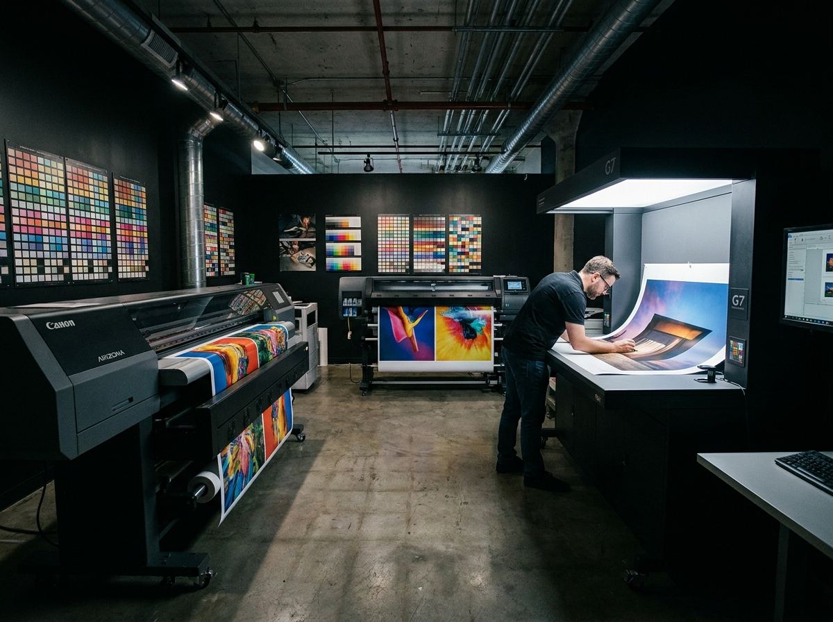 Professional print production studio with large format printers and G7 color calibration equipment