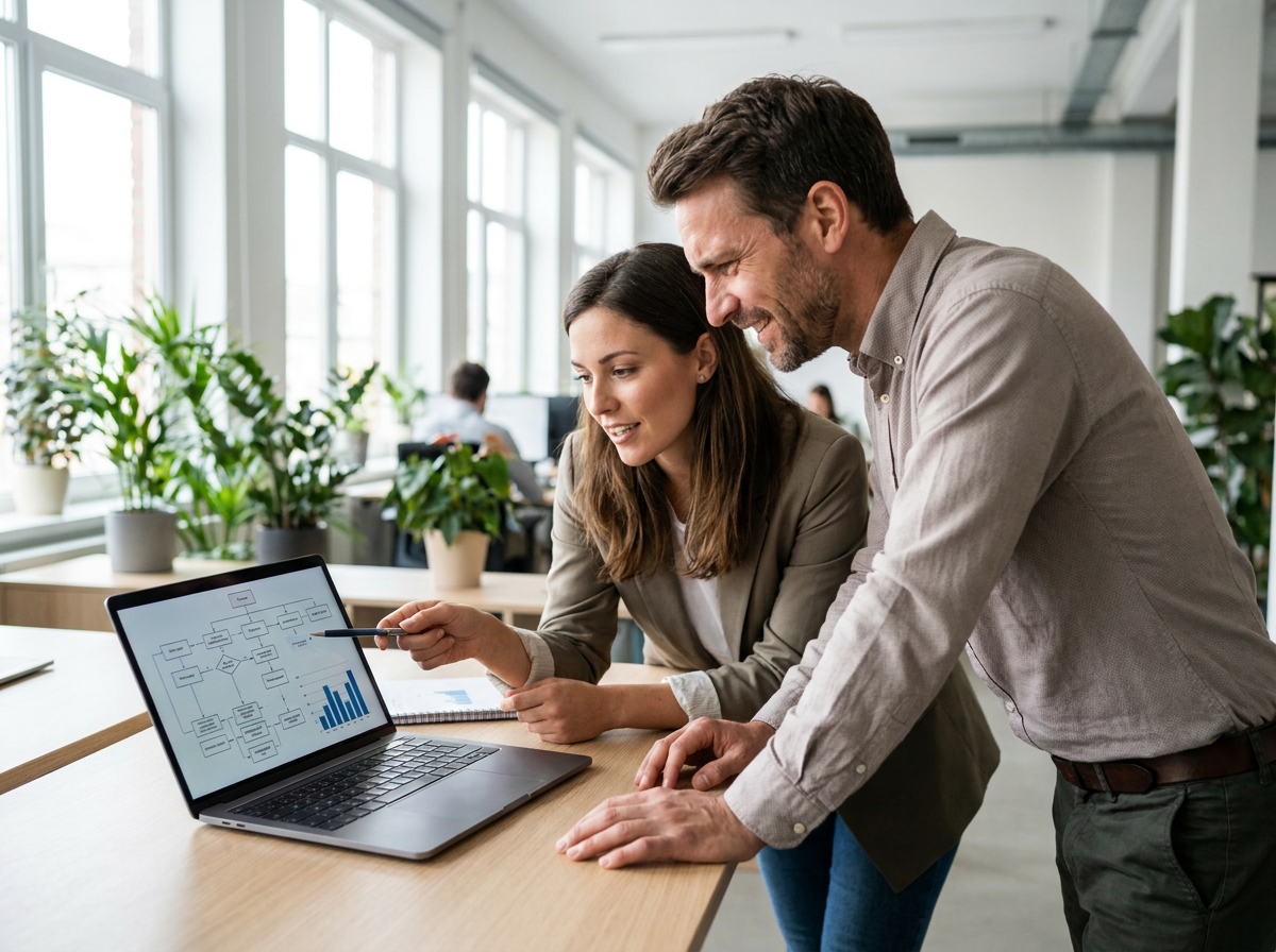 Two business professionals collaborating on a strategy session
