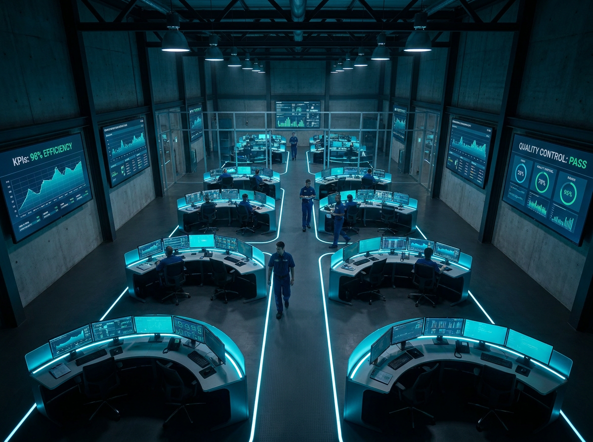 Streamlined business operations floor showing optimized workflow stations and quality control checkpoints