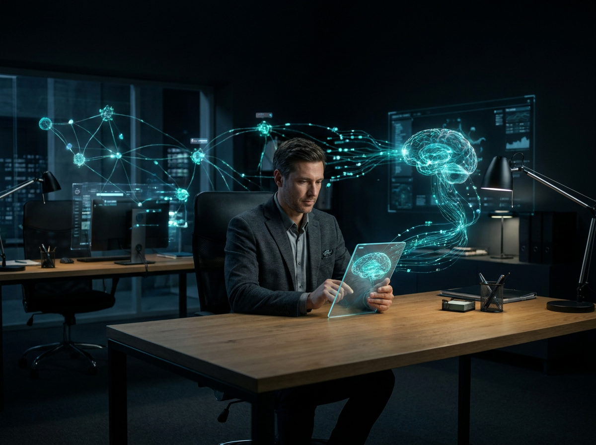 Business consultant working alongside AI data visualizations — neural network nodes and glowing data streams