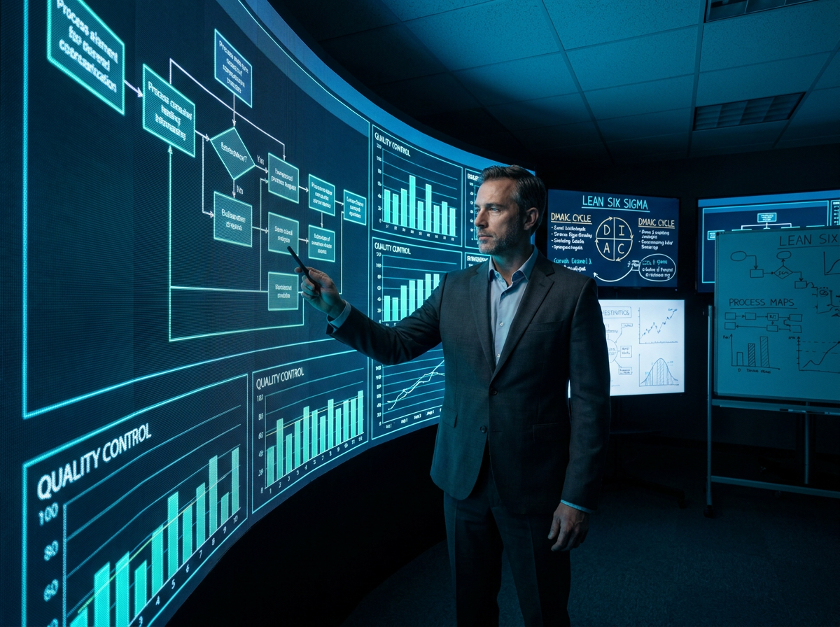 Business consultant analyzing Lean Six Sigma process flowcharts and quality control data