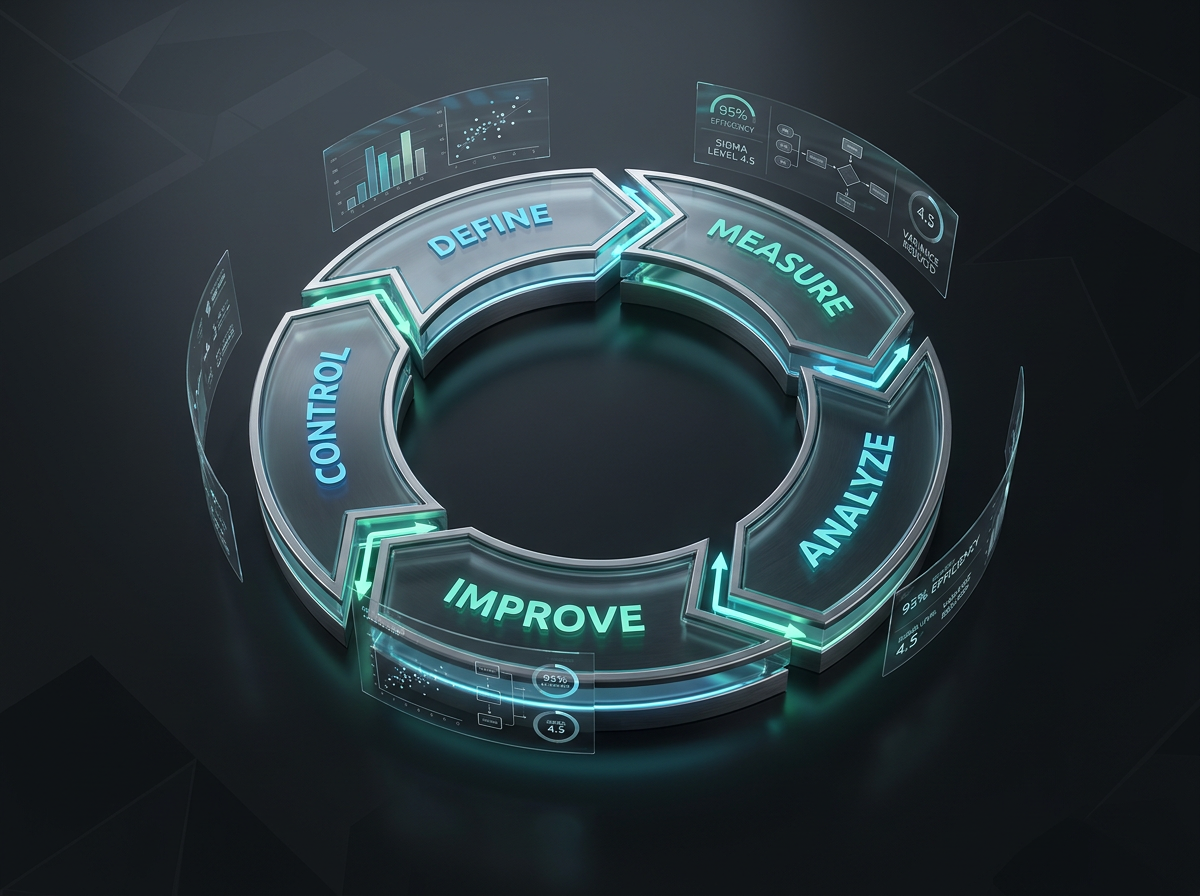 DMAIC cycle diagram — Define, Measure, Analyze, Improve, Control phases in a circular process flow