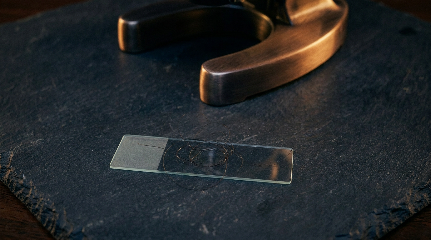 Hair strands on a glass slide beside a brass microscope