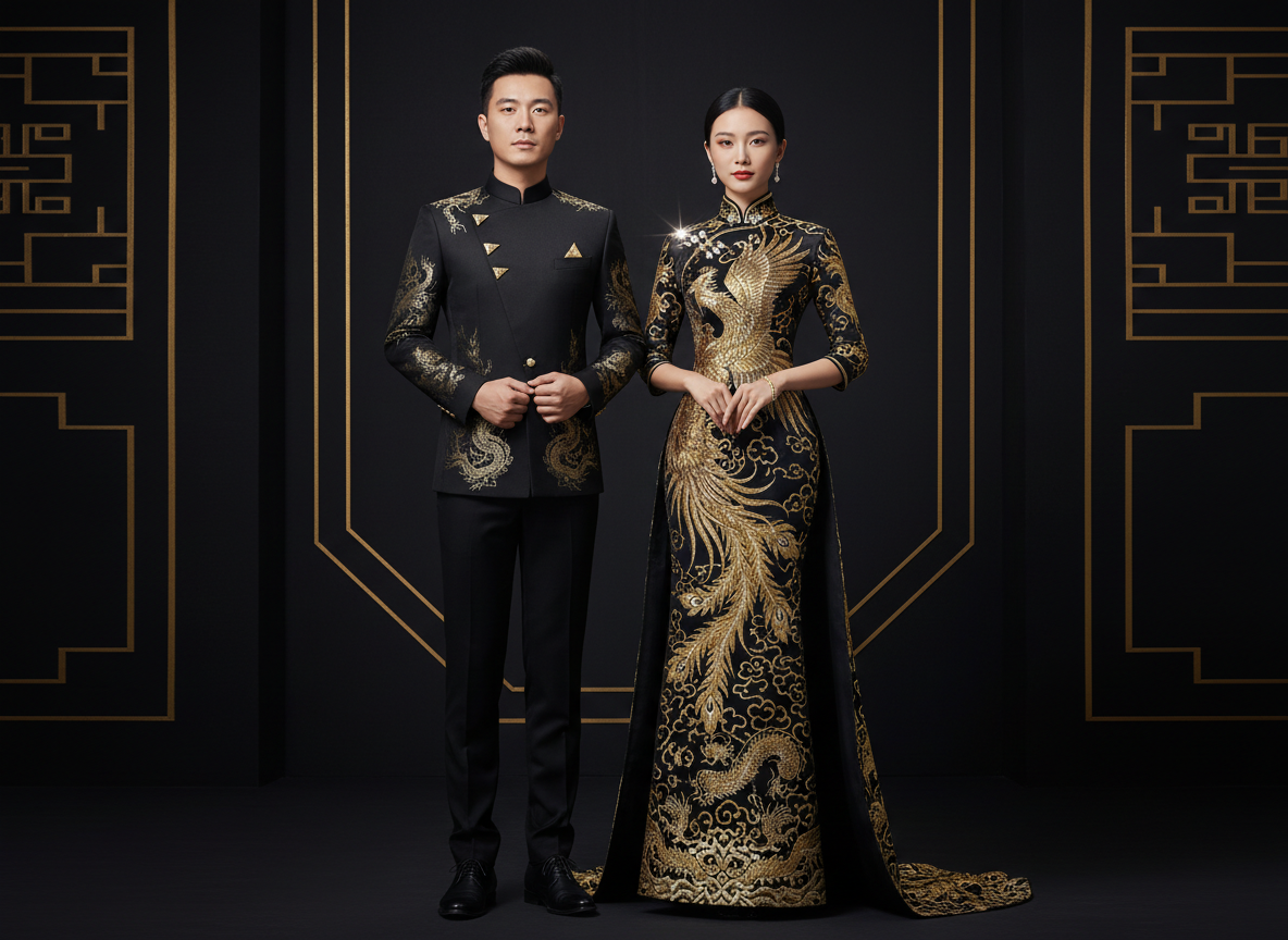 D'Magotti Chinese Royal Couple — Dragon & Phoenix embroidered black and gold formal attire