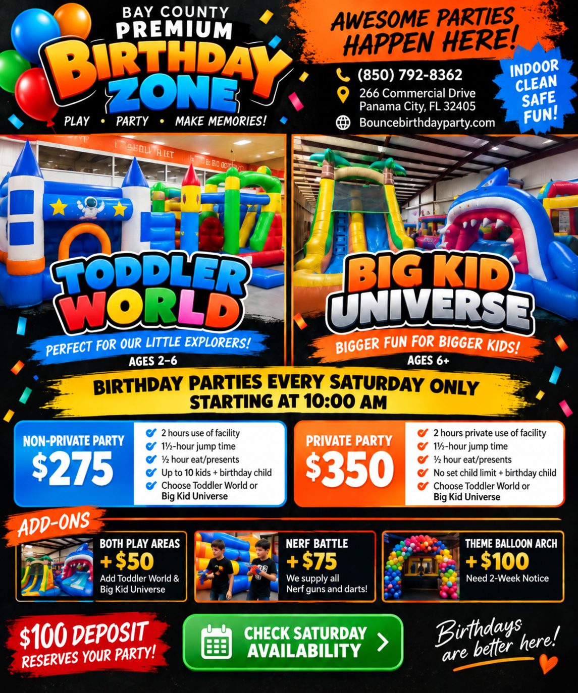 Bay County Premium Birthday Zone — Toddler World and Big Kid Universe party packages, add-ons, pricing, and contact info (850) 792-8362