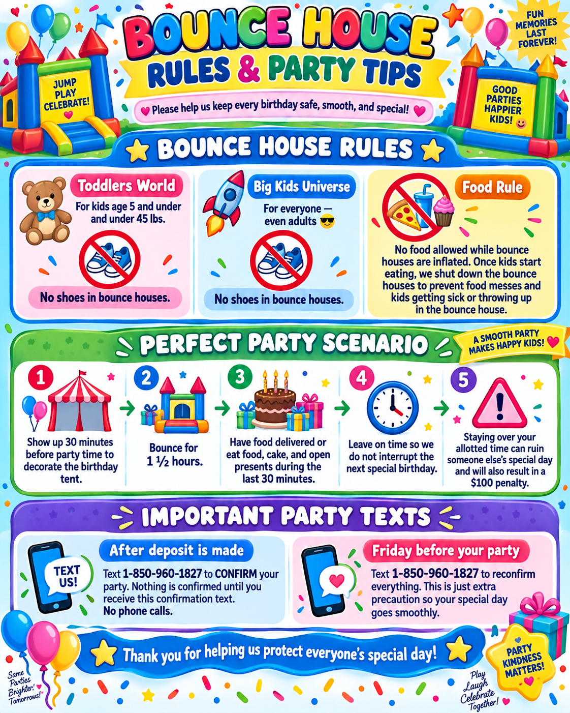 Bounce House Rules and Party Tips — Toddler World, Big Kid Universe, food rules, perfect party scenario, and important party texts