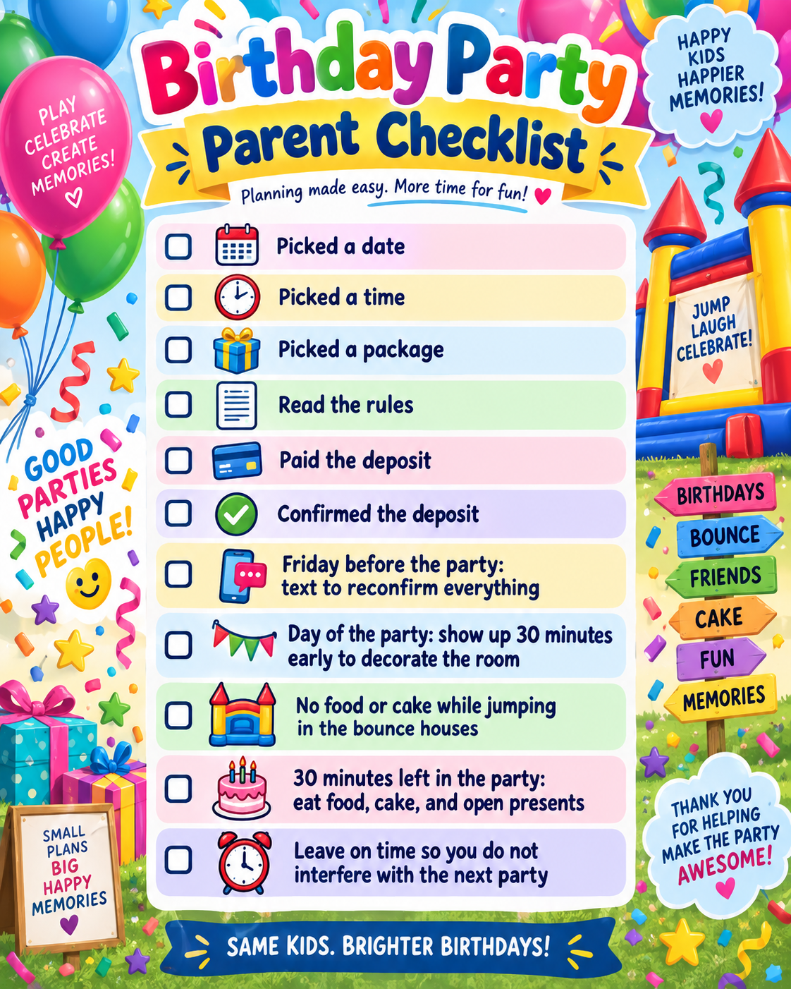 Birthday Party Parent Checklist — pick a date, time, package, read the rules, pay the deposit, and more