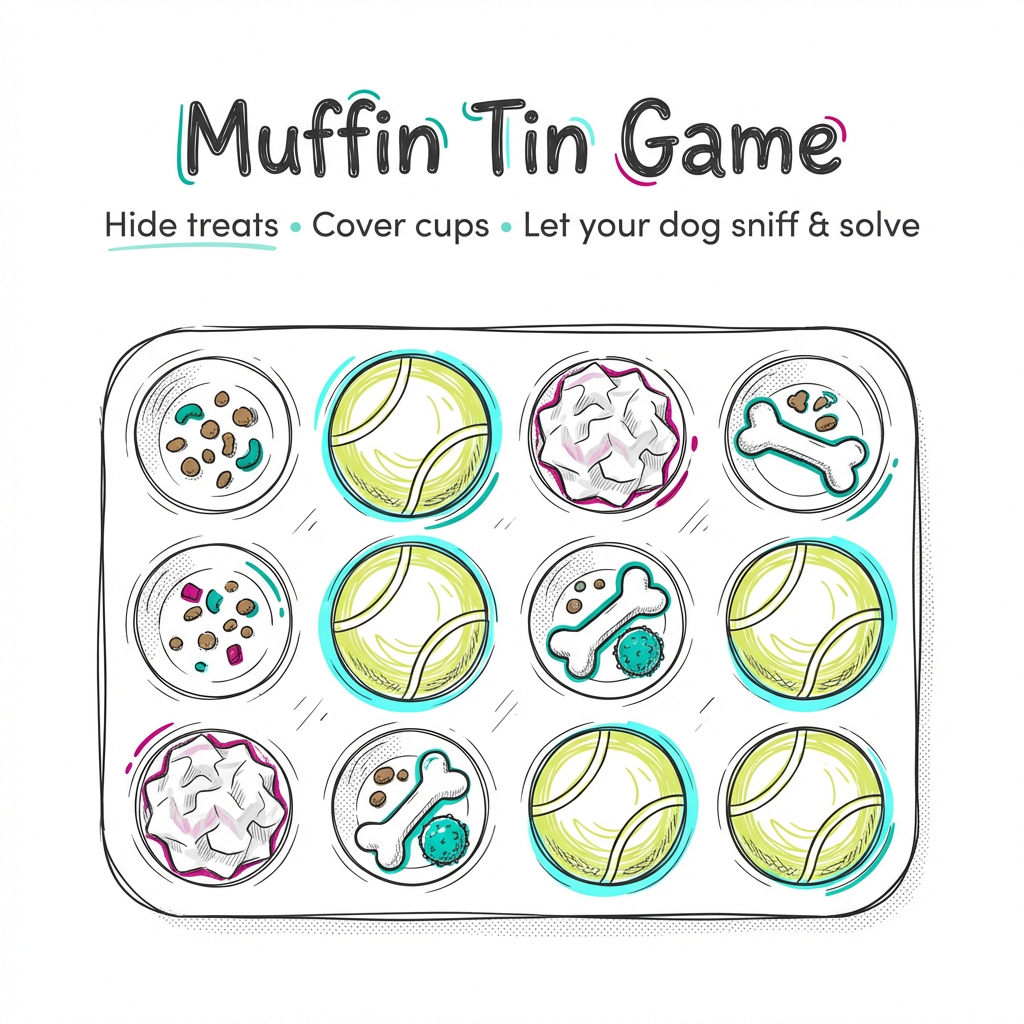 On-brand educational illustration for Canine Brain Games “Barkive”: a top-down view of a standard 12-cup muffin tin used as a dog enrichment game. Several cups contain treats/kibble, others are covered with tennis balls and a few are covered with crumpled paper or small safe toys, showing the concept of hiding and searching. Clean, hand-drawn sketchy line art with a playful, organic feel (like a doodle), minimal shading, lots of white space. Use the brand palette as accents: teal #0bb6a1, magenta #d60087, bright aqua #35fff3. Add a simple title text at top: “Muffin Tin Game” in a rounded sketchy style (similar vibe to Londrina Sketch). Include a small subtitle: “Hide treats • Cover cups • Let your dog sniff & solve” in simple sans-serif. No photos, no realistic rendering, no clutter, no background scene. Square format, high resolution.