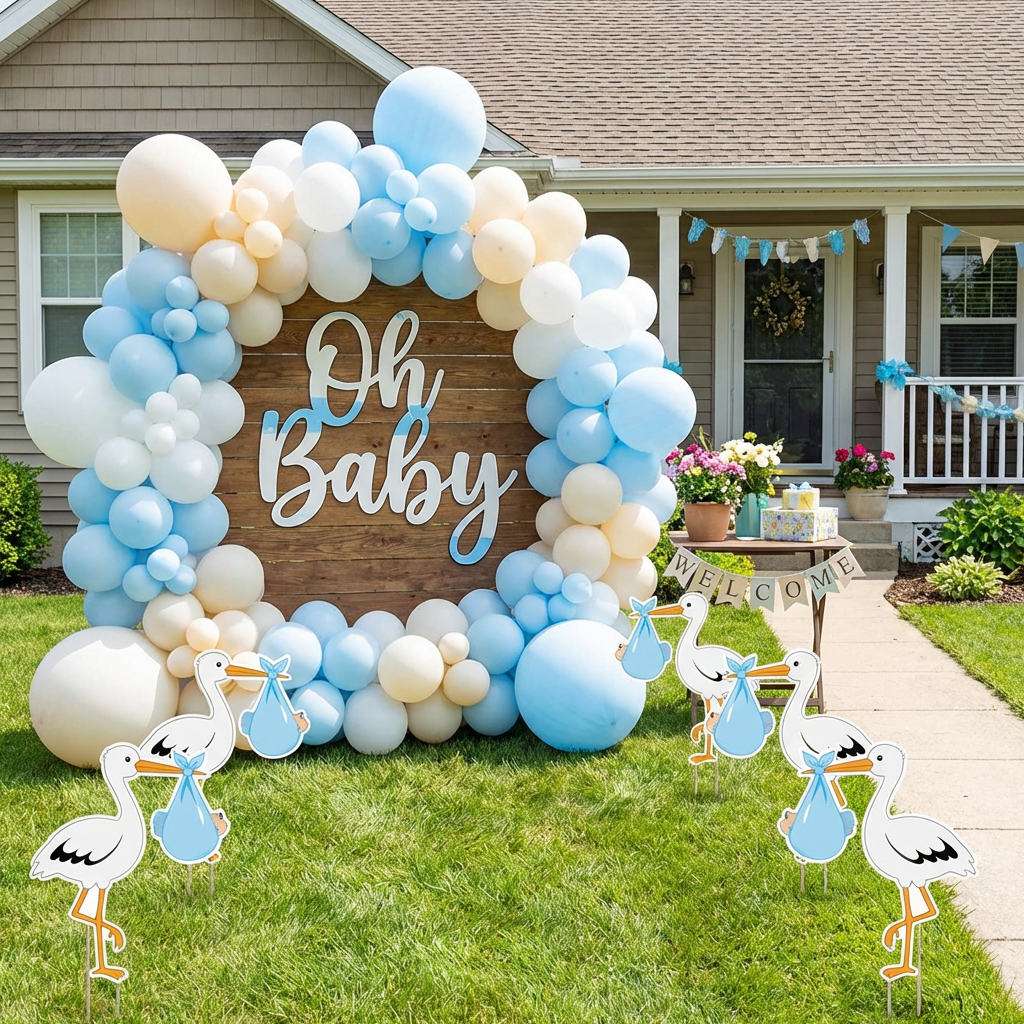 Baby shower yard decoration with pastel colors