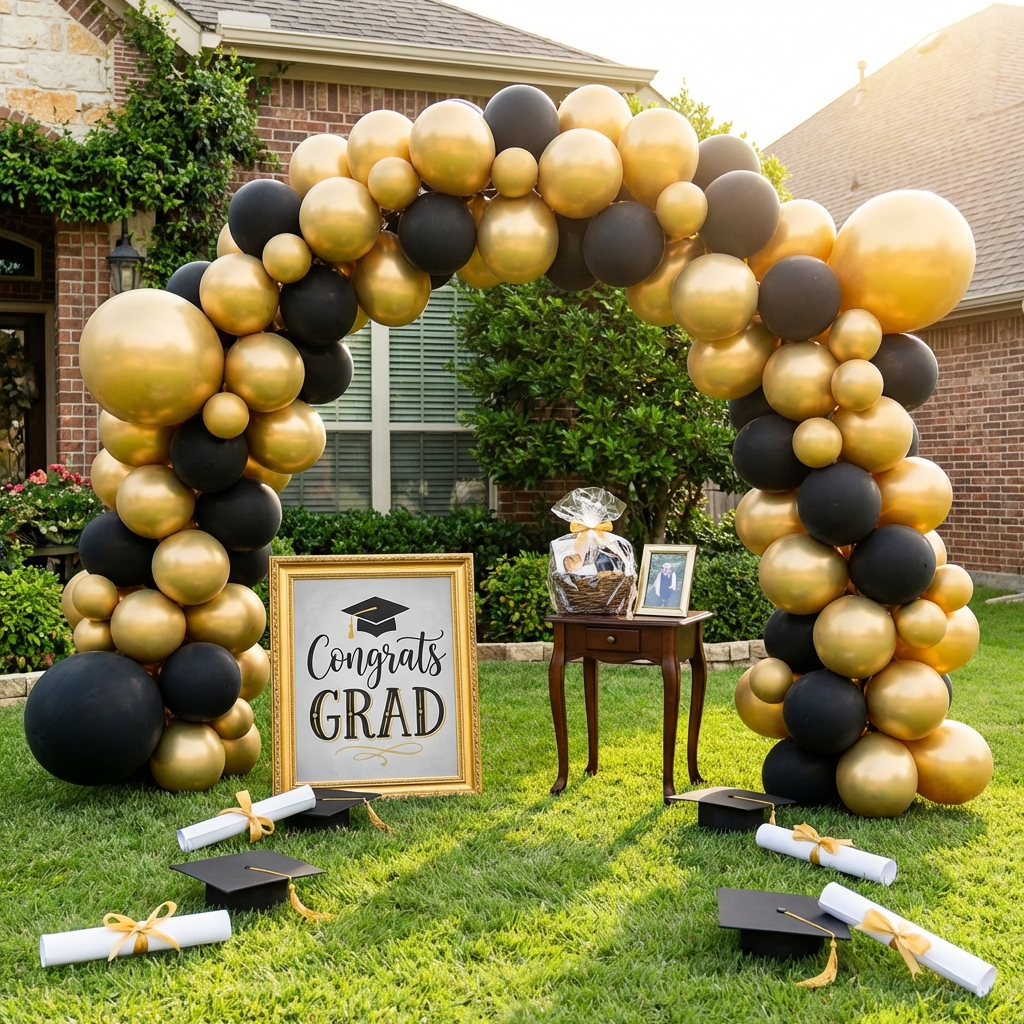 Graduation yard decoration with gold and black theme