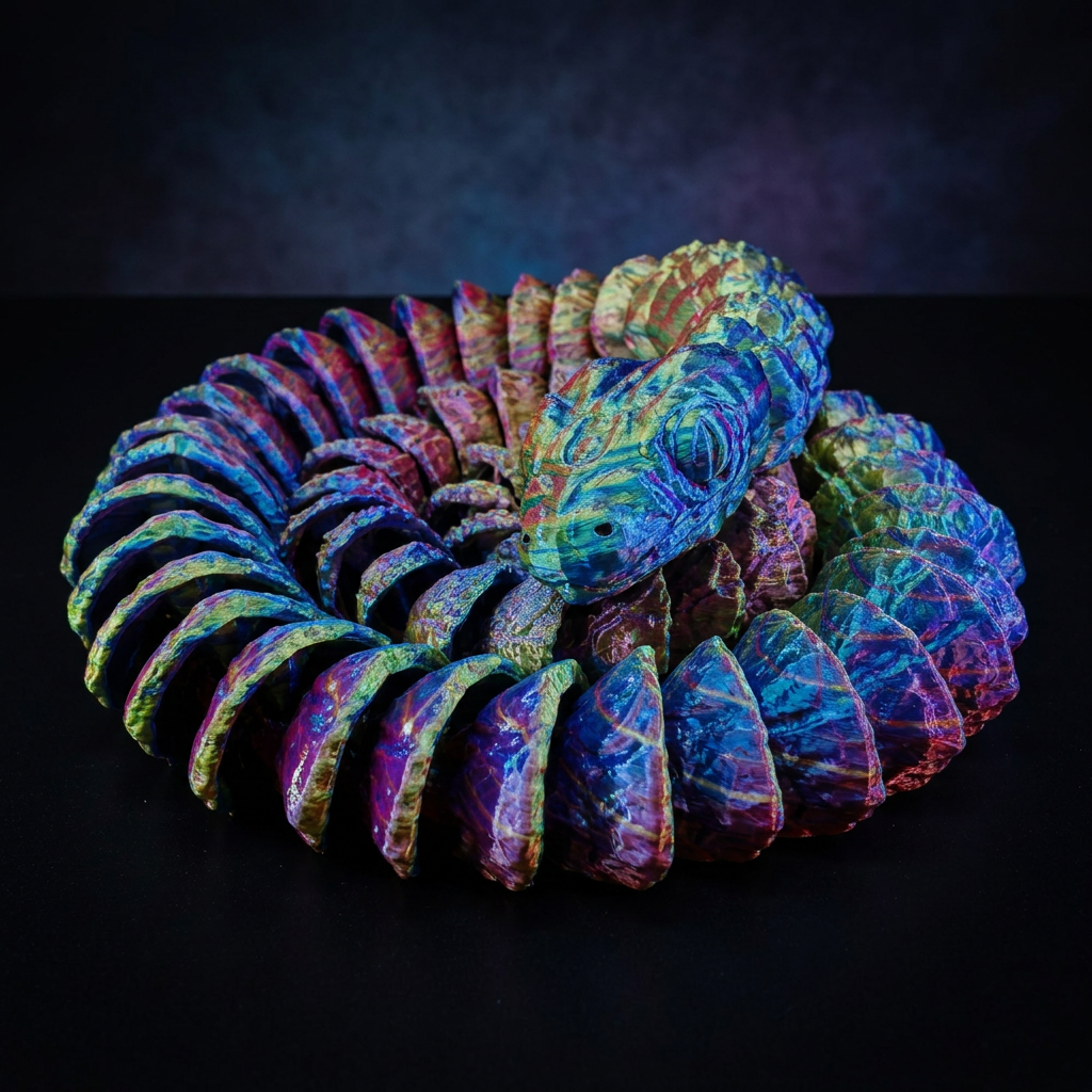 Iridescent coil dragon — rainbow scales