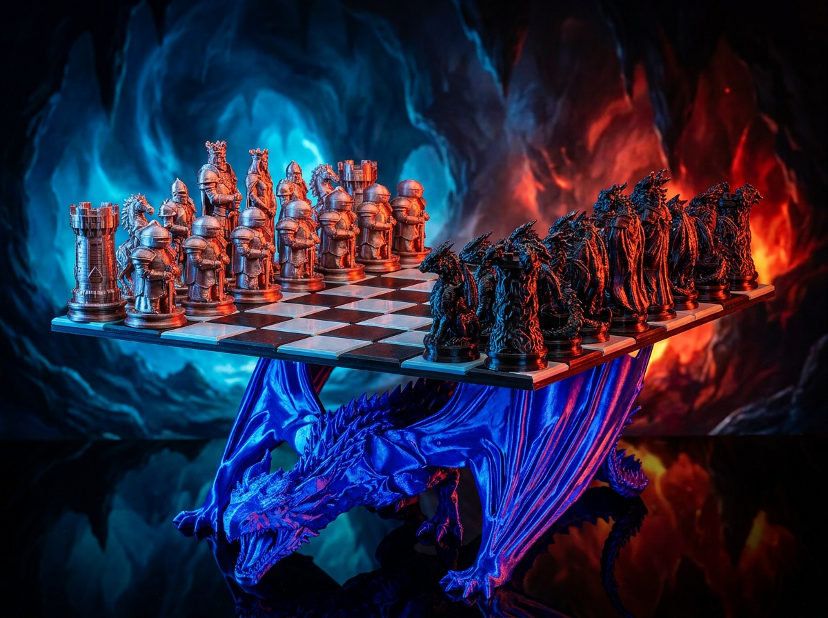 Dragon chess set — knights vs dragons on a dragon table