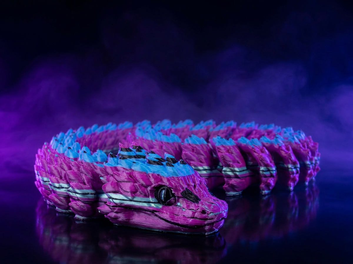 Purple and blue articulated snake — coiled pose