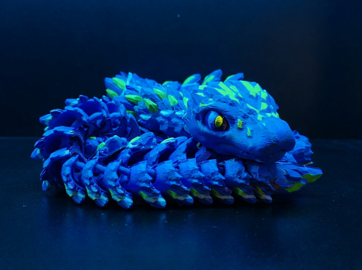 Blue articulated dragon — glow-in-the-dark scales