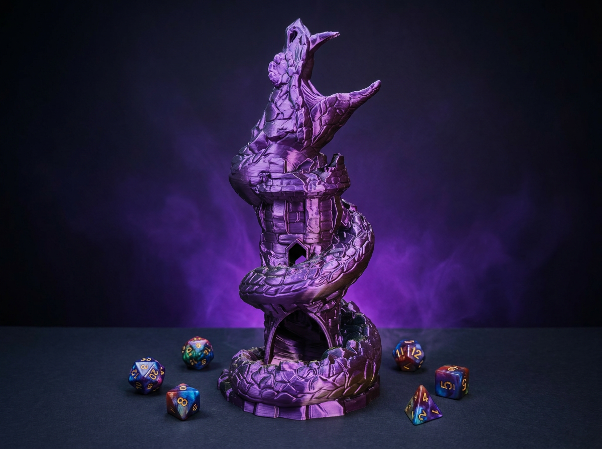 Basilisk dice tower — purple serpent wrapped stone tower