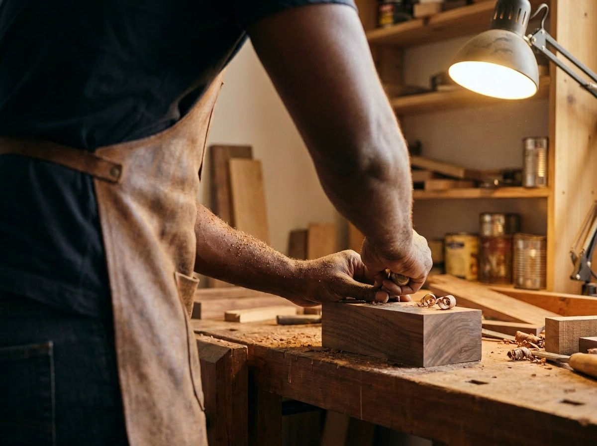 Custom heavy-duty wooden workbench in a woodworking shop