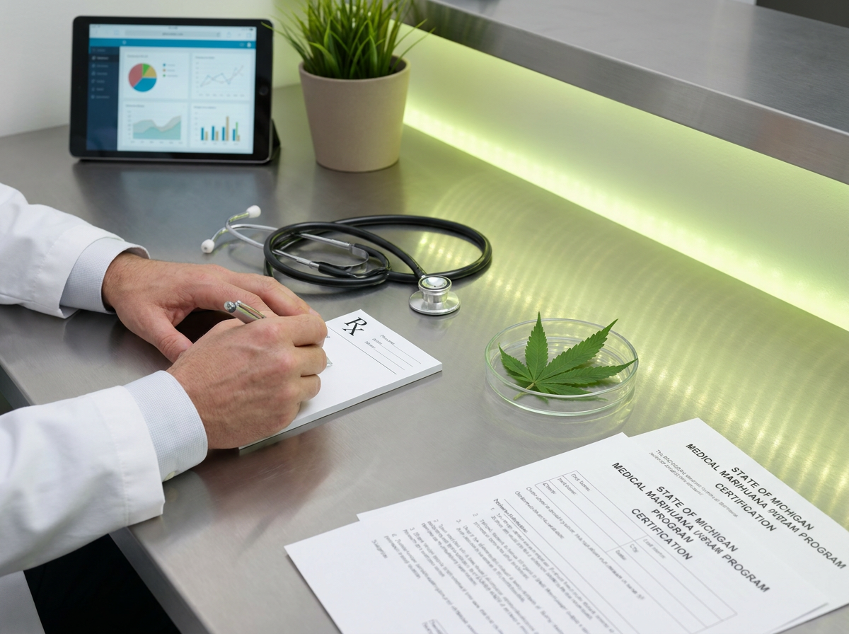 Medical marijuana certification documents and doctor desk