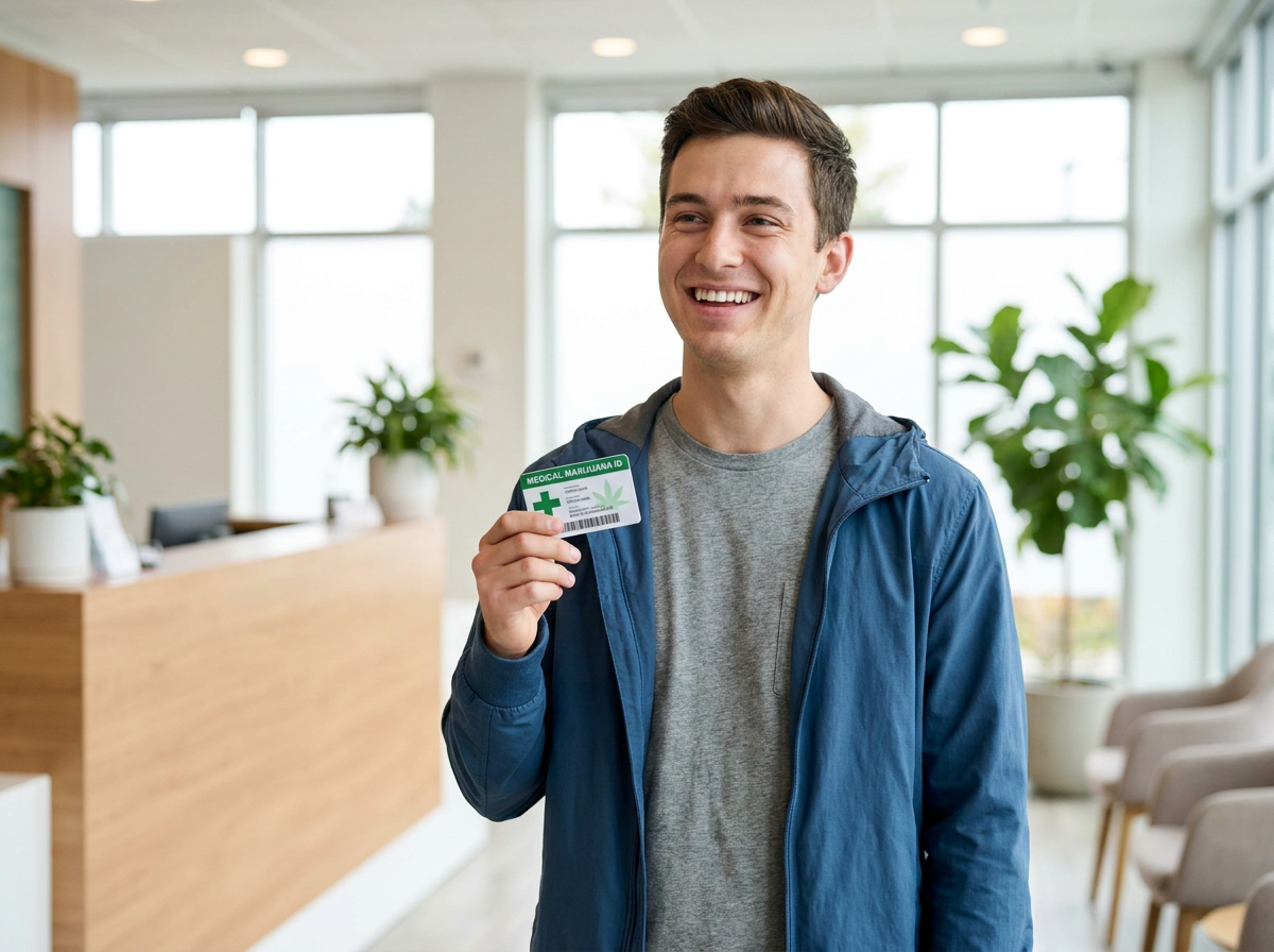 Happy Michigan patient holding medical marijuana card