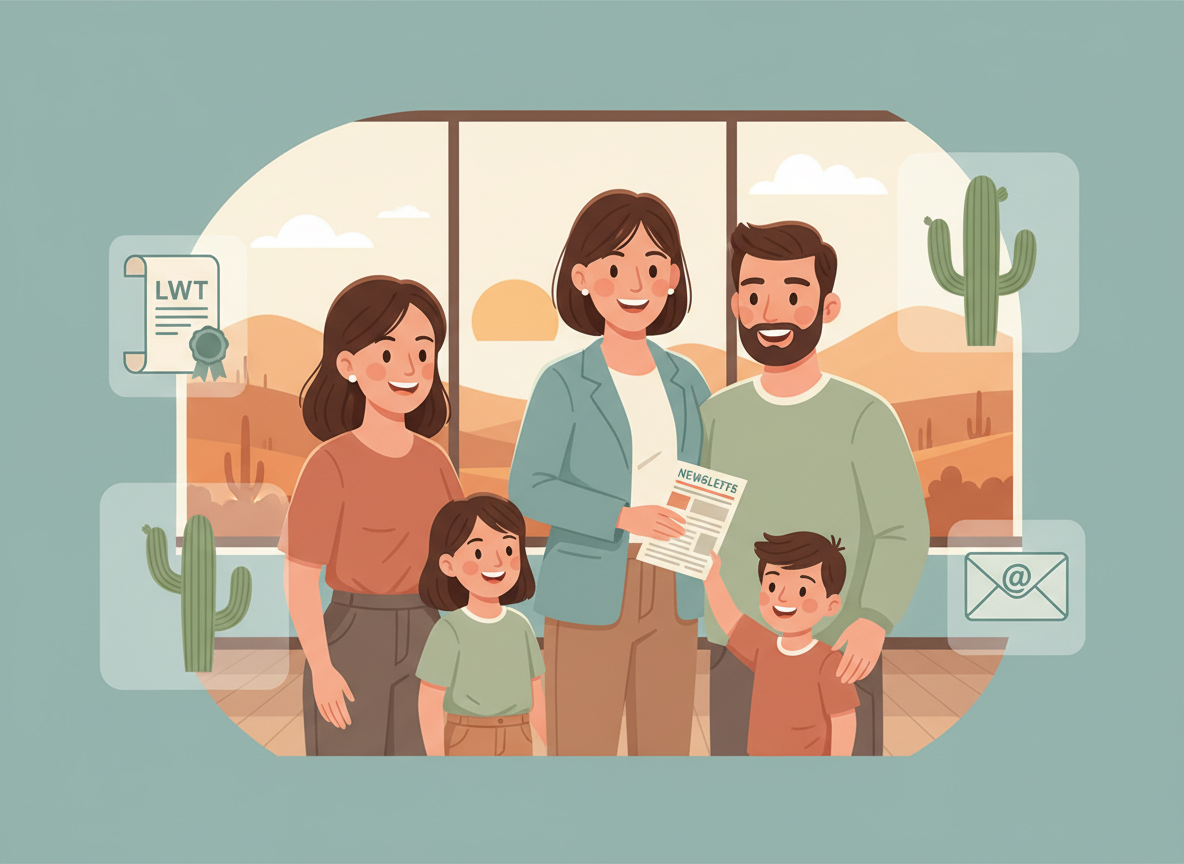 Arizona probate resources newsletter illustration &ndash; legal document preparer, family, cactus, and email