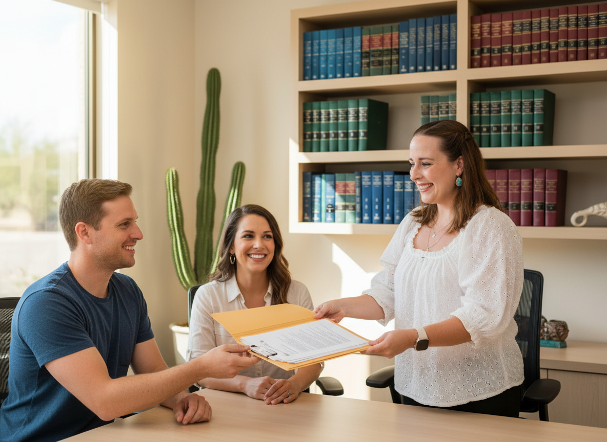 JoAnna, Arizona legal document expert, helps clients in a modern office with legal books and a cactus.