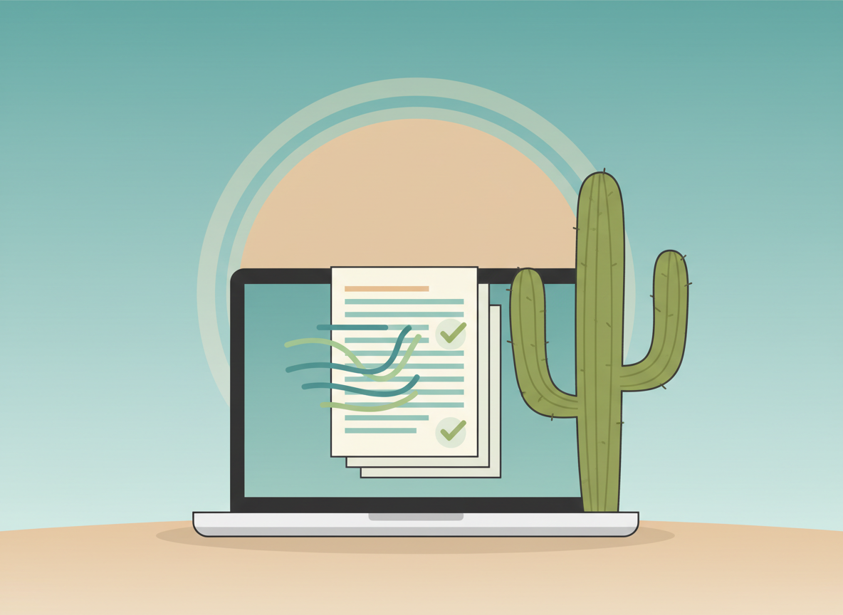 Arizona quick legal document request – laptop, documents, cactus, and sun illustration