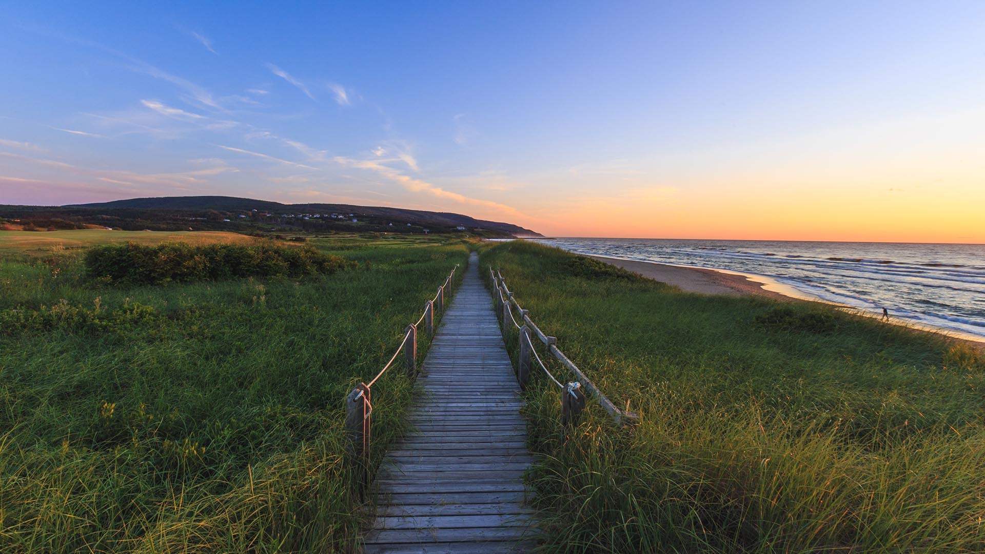 Inverness beach boardwalk at sunset beside Cabot Links golf course