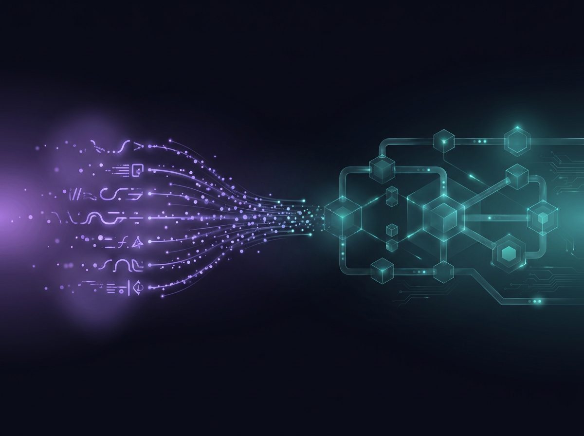 Abstract visual showing plain language transforming into a deployed AI agent workflow