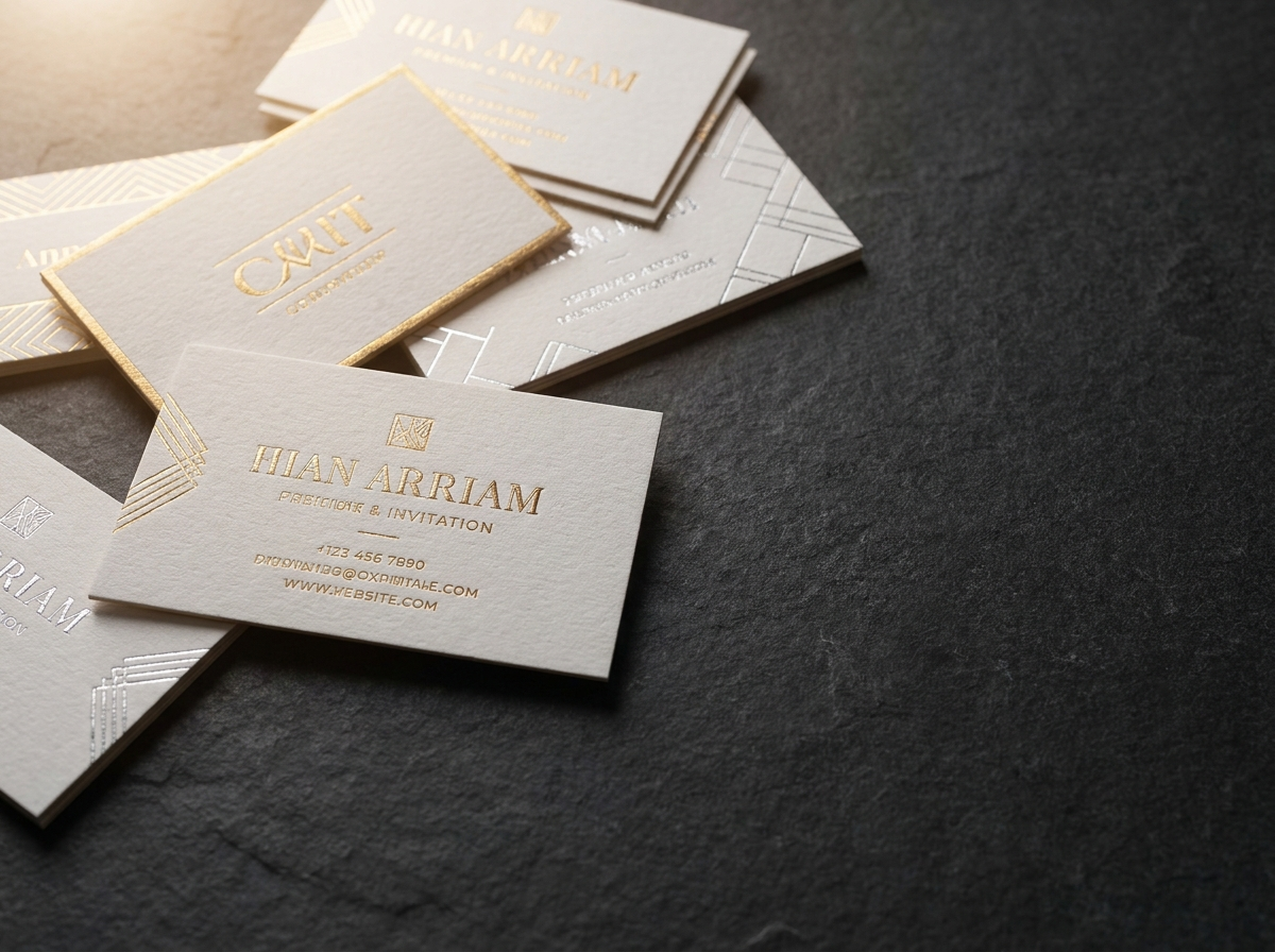 Gold and silver foil printed business cards and invitations by Dimension Printing