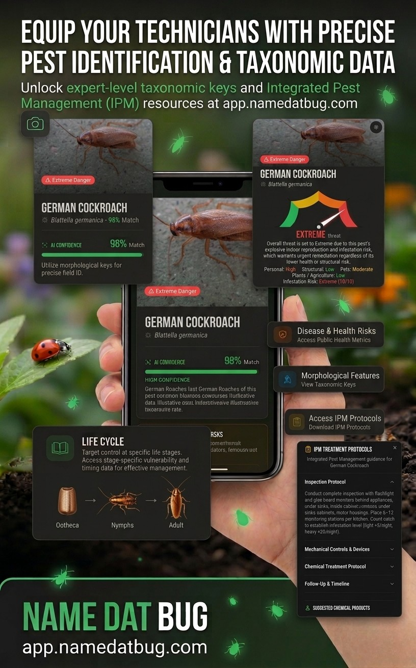 Name Dat Bug app — German Cockroach identification with extreme threat rating, IPM treatment protocols, and life cycle stages
