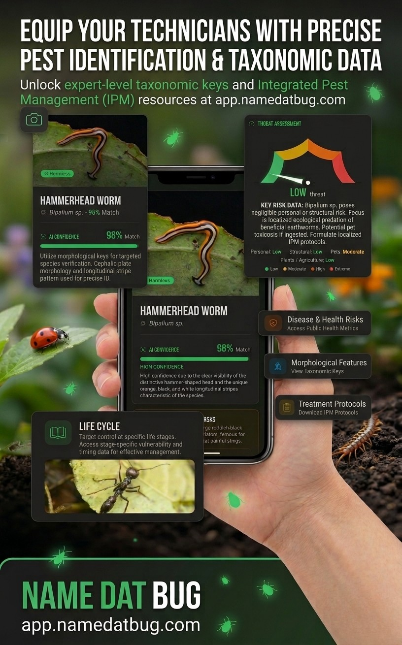 Name Dat Bug app — Hammerhead Worm identification with 98% AI confidence, threat assessment, life cycle data, and morphological features