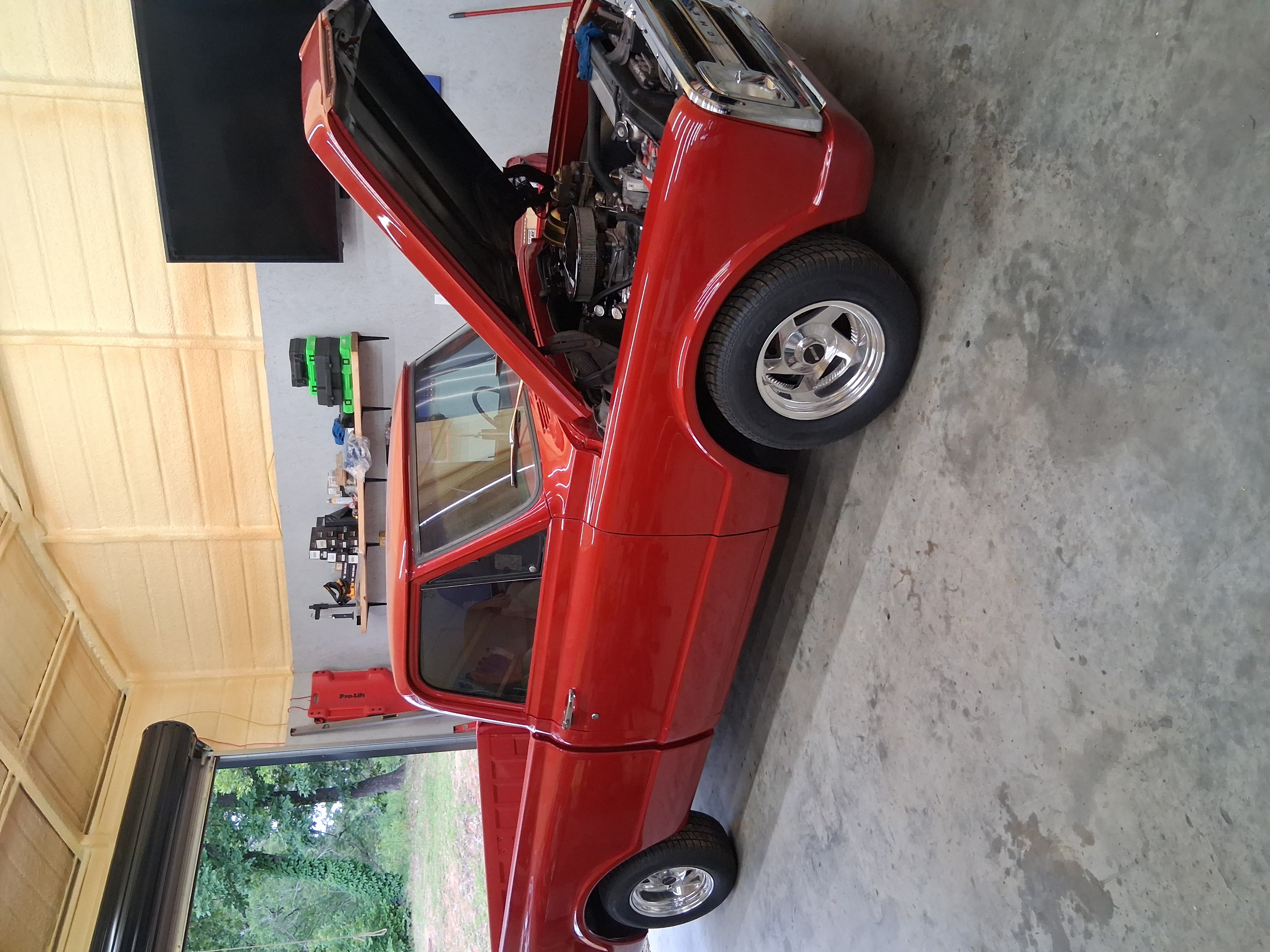 Classic red Chevy truck engine bay