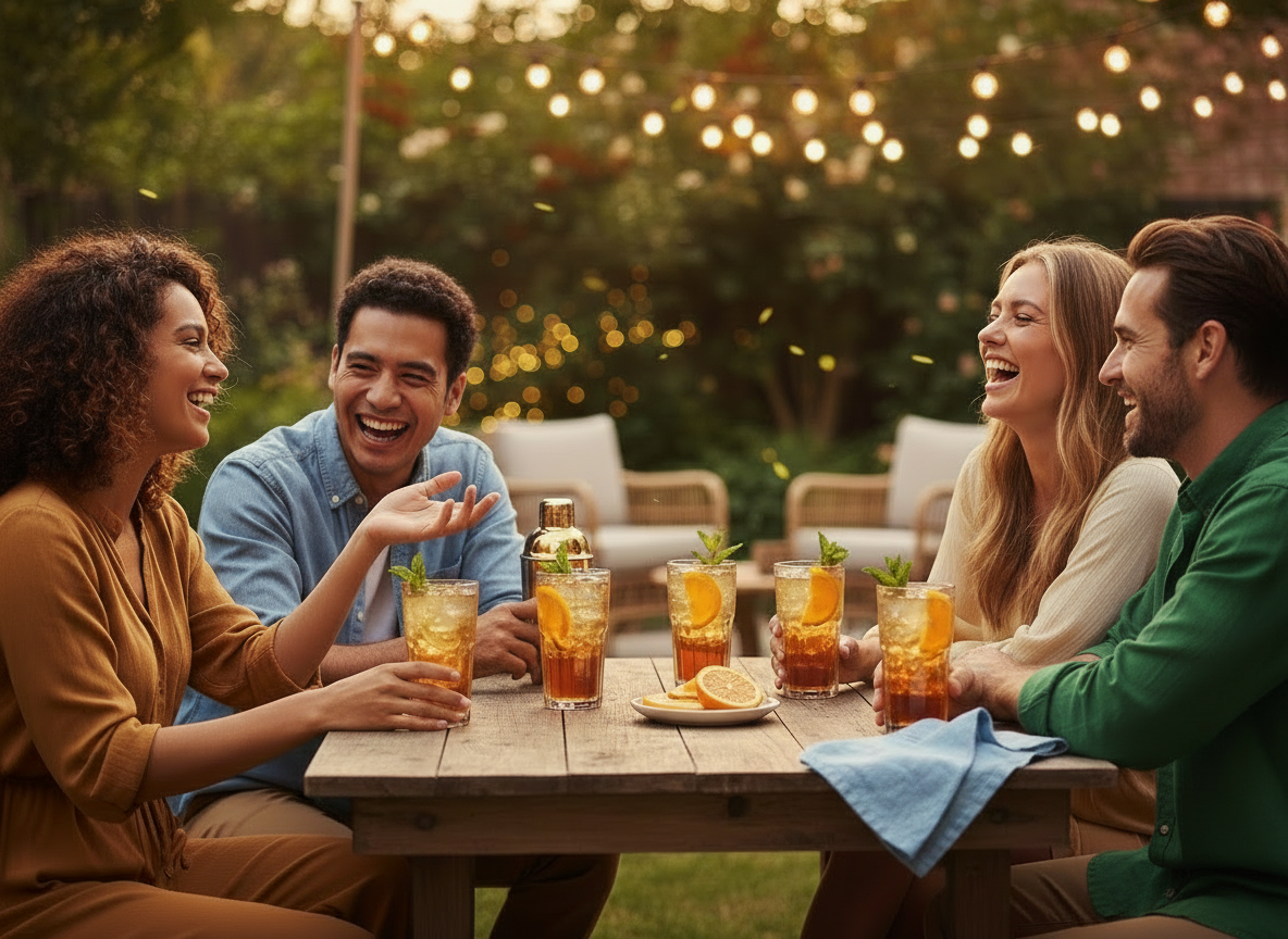 Edit the image so that ONLY the shirt color of the man on the right (the first person on the right side of the image) changes from light blue to a rich medium green (emerald/forest tone). Keep his face, hair, skin tone, pose, and all other people unchanged. Keep the rest of the scene identical: drinks, table items, string lights, backyard bokeh, lighting, and composition. Photorealistic, seamless color change.