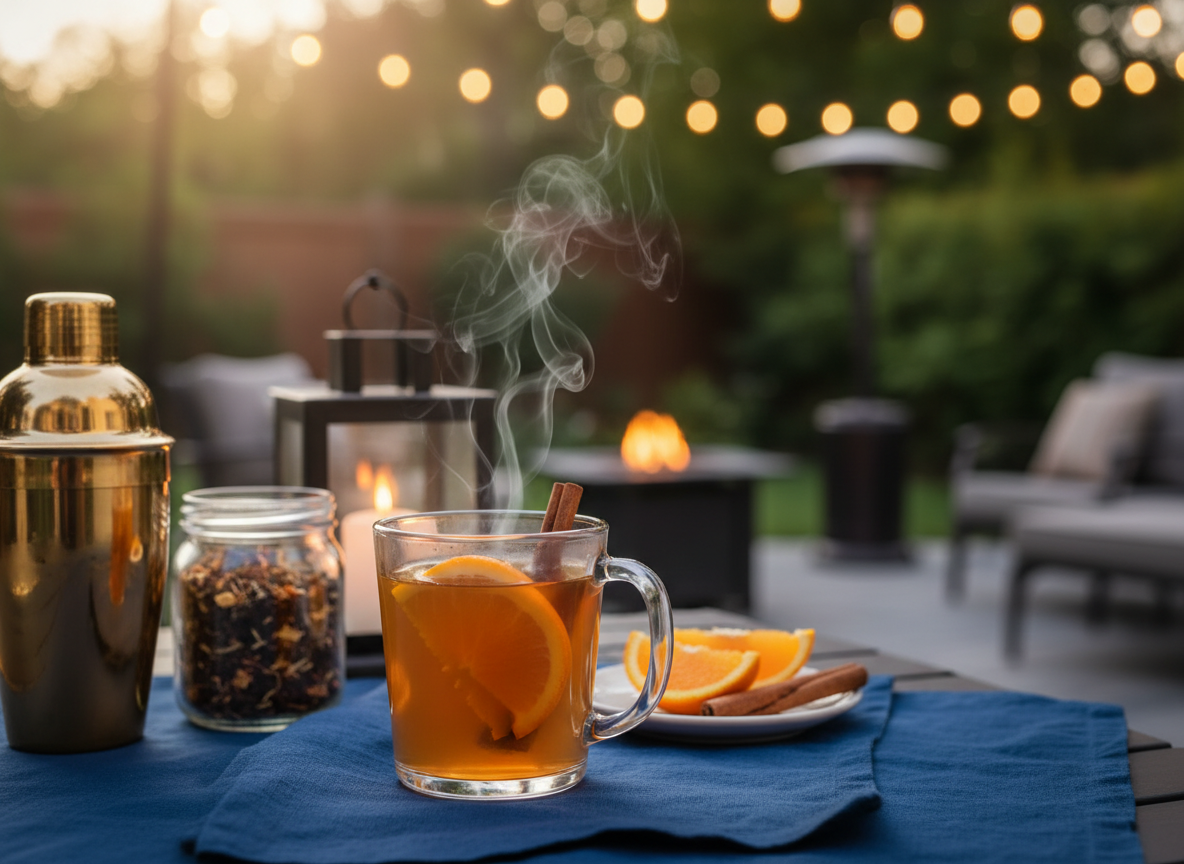 Photorealistic lifestyle beverage shot for a boutique tea brand. Foreground: a clear glass mug filled with steaming hot amber tea toddy, subtle steam visible, garnished with an orange slice and a cinnamon stick in the mug. Set on an elegant evening tablescape: linen napkin, small plate with orange slices and cinnamon sticks, a vintage brass or gold-toned cocktail shaker, and an unbranded loose-leaf tea jar. Warm cozy lighting, dusk ambiance. Background: blurred backyard patio scene with bokeh string lights but slightly different from prior—include a soft glow from a small tabletop lantern or candle and hints of a fire pit or patio heater shape in the distance; greenery and patio seating suggested. Dreamy shallow depth of field, cinematic bokeh. No people. No text. High resolution, natural color grading.