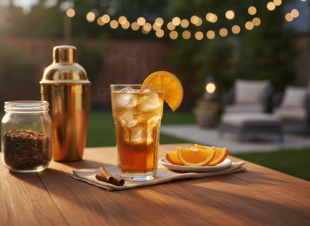 Photorealistic lifestyle beverage shot for a boutique tea brand. Foreground: a tall Tom Collins glass filled with amber iced tea, visible ice cubes, slight condensation, garnished with a fresh orange slice on the rim. Optional subtle cinnamon stick resting beside the glass (not in drink). Set on an elegant summer evening tablescape: linen napkin, small plate with orange slices, vintage brass or gold-toned cocktail shaker, tea tin or loose-leaf tea jar (unbranded), and warm-toned wooden table. Lighting: golden-hour transitioning to dusk, warm cozy glow. Background: beautifully landscaped backyard with bokeh blur, string lights hanging, soft lantern light, hints of greenery and patio seating; dreamy shallow depth of field. Mood: nostalgic, soulful, inviting, spring/summer evening vibe. No people. No text. High resolution, natural color grading, cinematic bokeh.